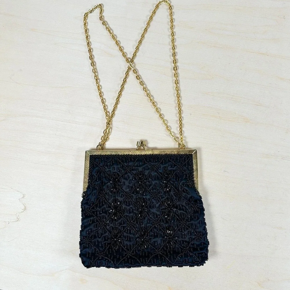 Vintage 1960s Black Beaded Evening Bag‎ Shoulder Elegant Formal